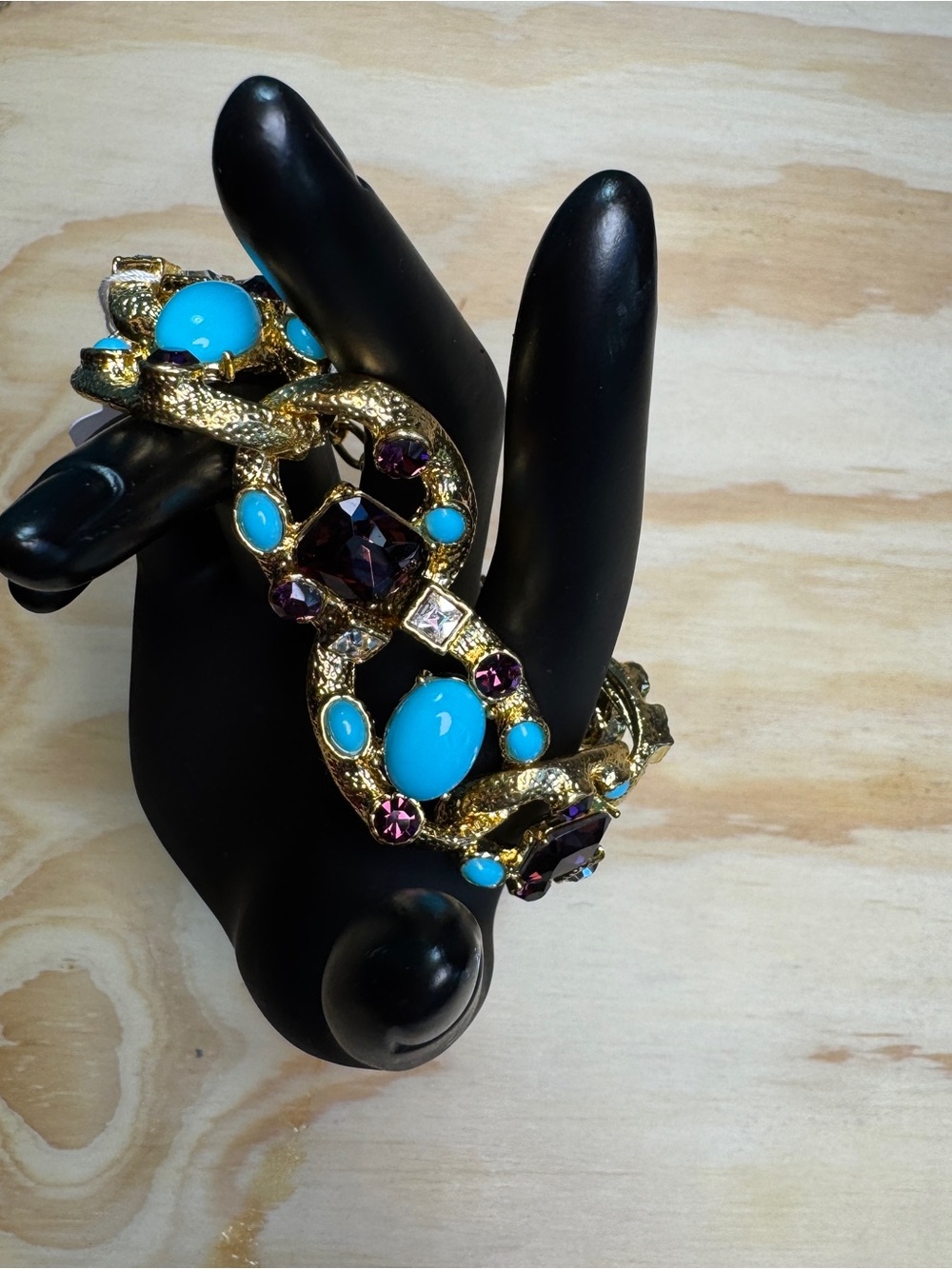 R.J. Graziano Signed Turquoise Amethyst Rhinestone Cabochon Gold Statement Brace